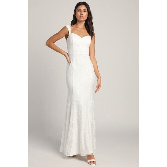 Lulus Womens Size XS Say Yes White Lace Off-the-Shoulder Mermaid Long Gown New - Picture 1 of 11